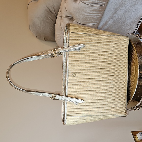 Tory Burch York Buckled Natural Straw Tote Bag Gold Leather Straps Handbag - Picture 1 of 16
